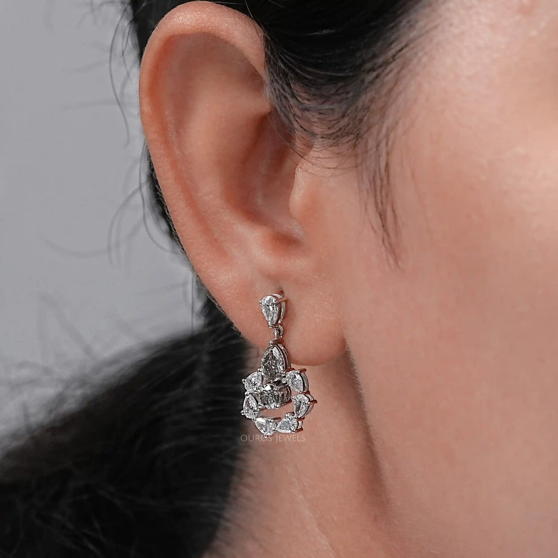 Olive Pear Diamond And Round Halo Drop Earrings Earrings