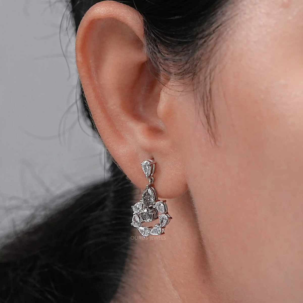 Olive Pear Diamond And Round Halo Drop Earrings Earrings