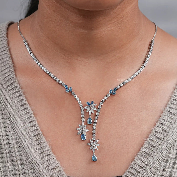 Lab Diamond And Blue Pear Diamond Cluster Necklace