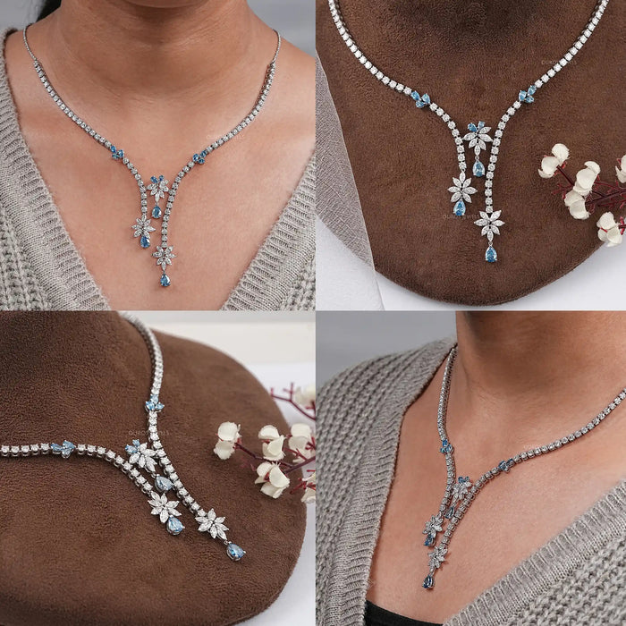 Lab Diamond And Blue Pear Diamond Cluster Necklace