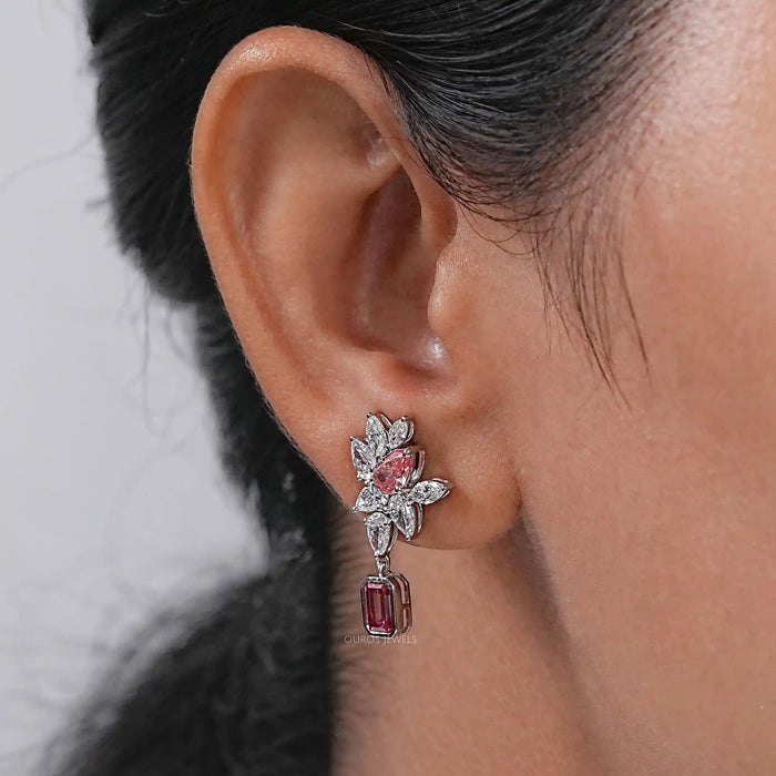 Pink Emerald And Pear Diamond Cluster Drop Earrings