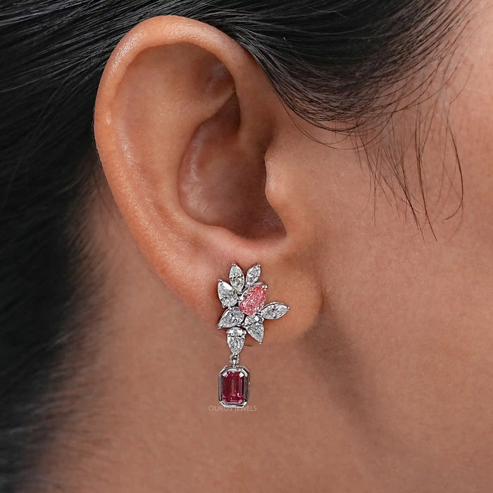 Pink Emerald And Pear Diamond Cluster Drop Earrings