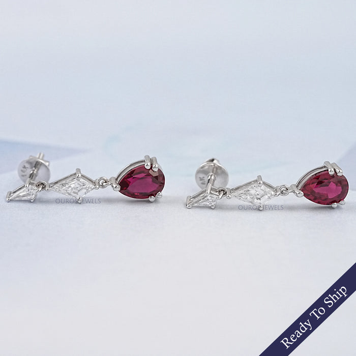 Ruby Pear Gemstone And Kite Cut Drop Earrings 