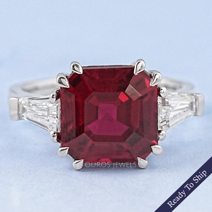 Three Stone Ruby Asscher Gemstone Engagement Ring 