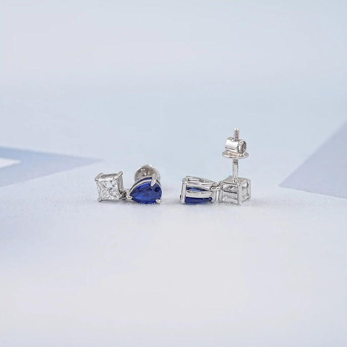 Pear Sapphire and Princess Cut Diamond Earrings