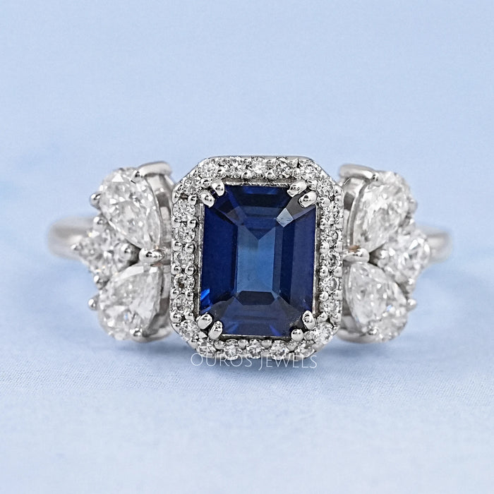 Blue Sapphire Halo Engagement Ring 