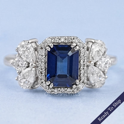 Sapphire Emerald Gemstone Halo Engagement Ring