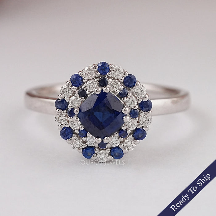 Blue Cushion Cut Lab Gemstone Double Halo Ring