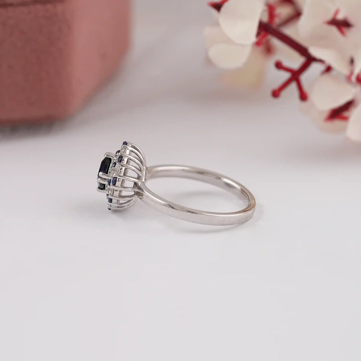 Blue Cushion Cut Lab Gemstone Double Halo Ring Ring