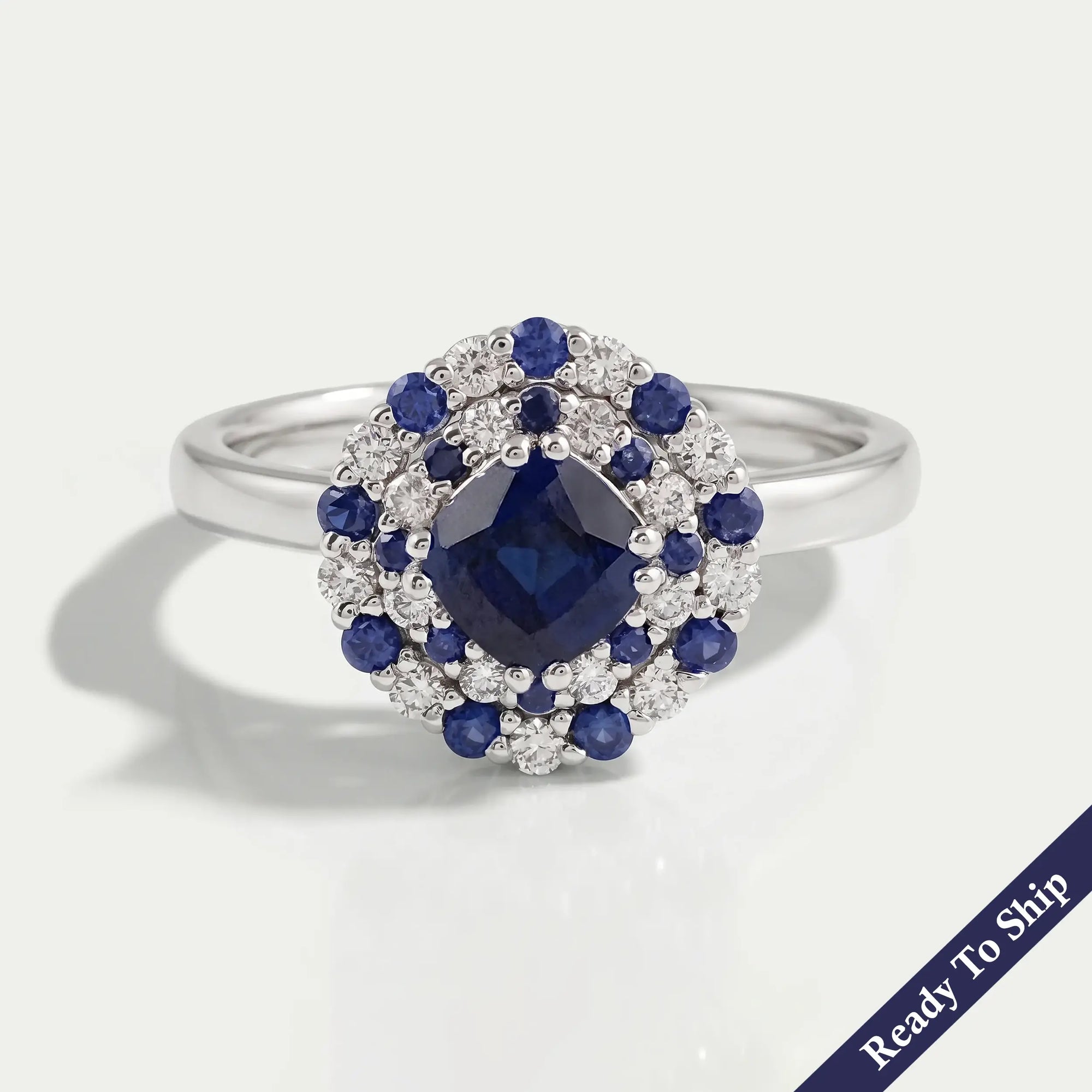 Blue Cushion Cut Lab Gemstone Double Halo Ring