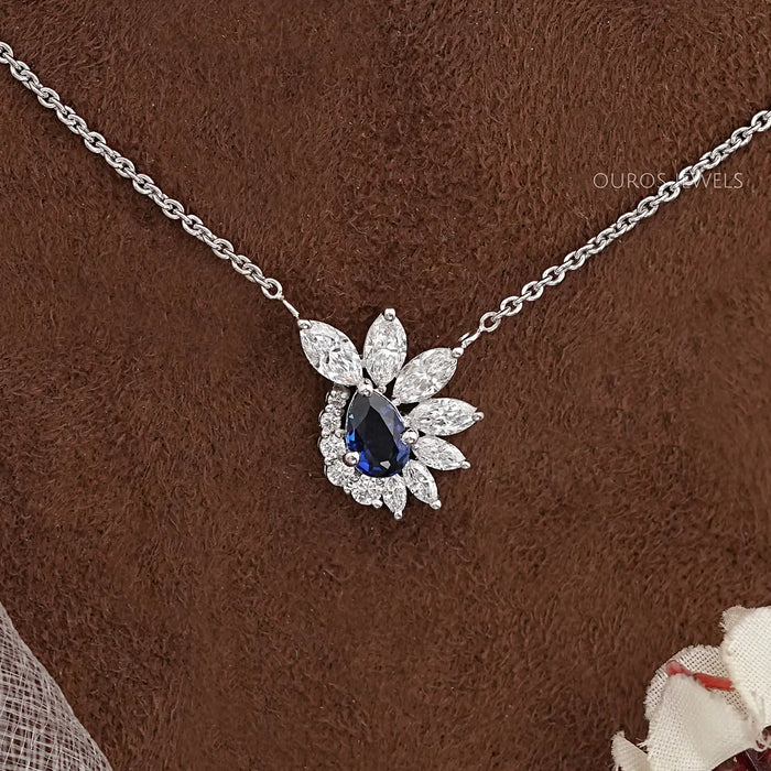 Blue Sapphire And Diamond Floral Cluster Pendant Necklace 
