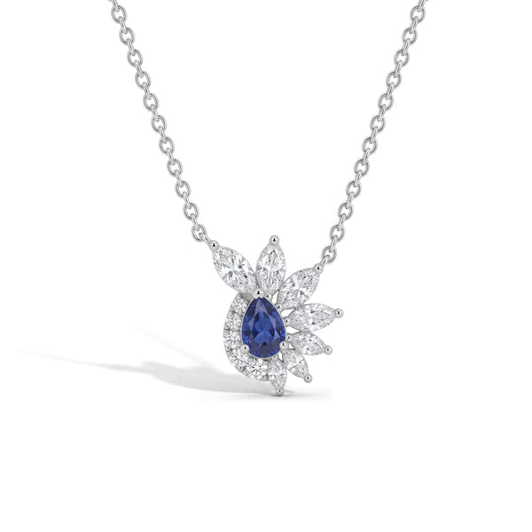 Blue Sapphire And Diamond Floral Cluster Pendant Necklace 