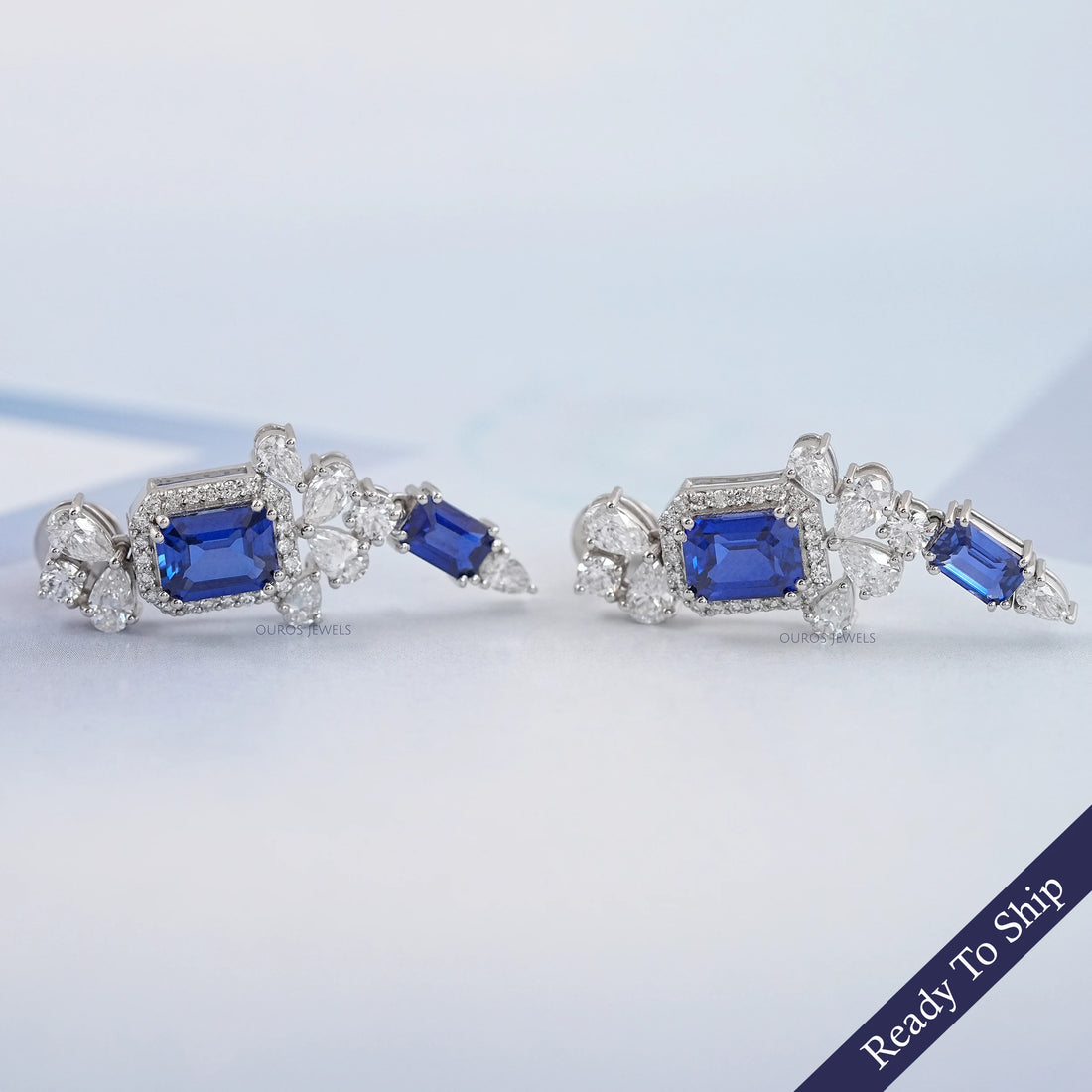 Sapphire Emerald Gemstone And Lab Diamond Drop Earrings