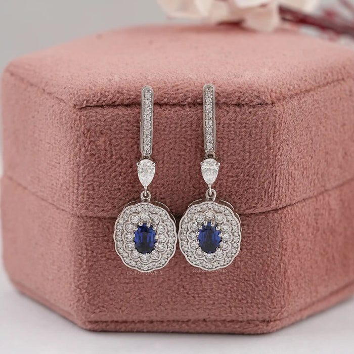 Sapphire Oval Gemstone And Double Halo Drop Earrings