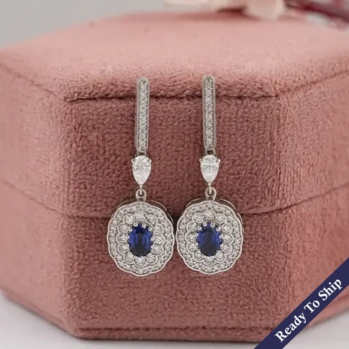 Sapphire Oval Gemstone And Double Halo Drop Earrings