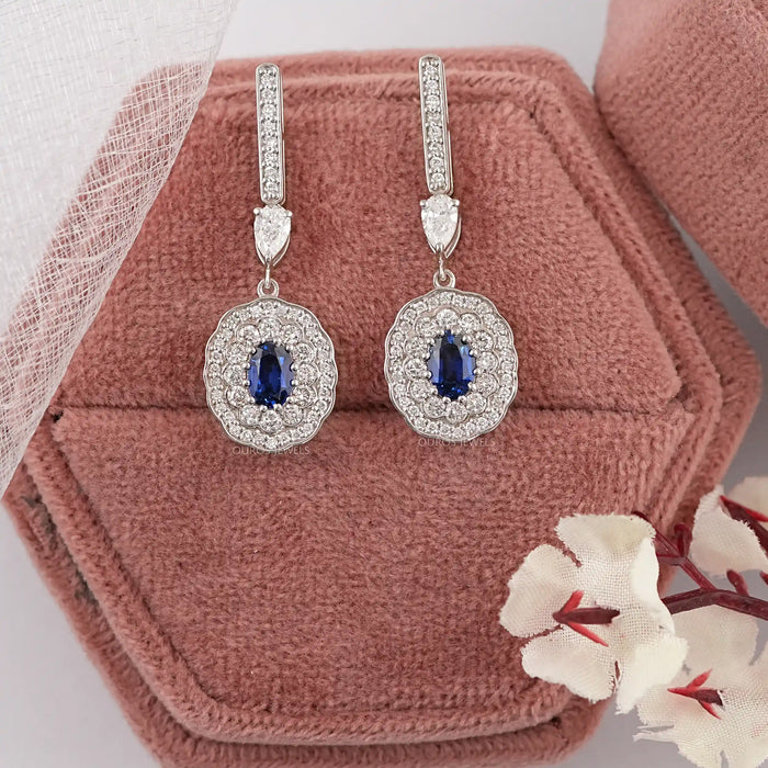 Sapphire Oval Gemstone And Double Halo Drop Earrings