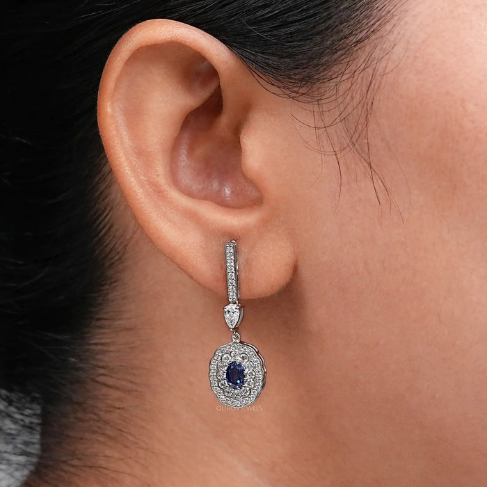 Sapphire Oval Gemstone And Double Halo Drop Earrings