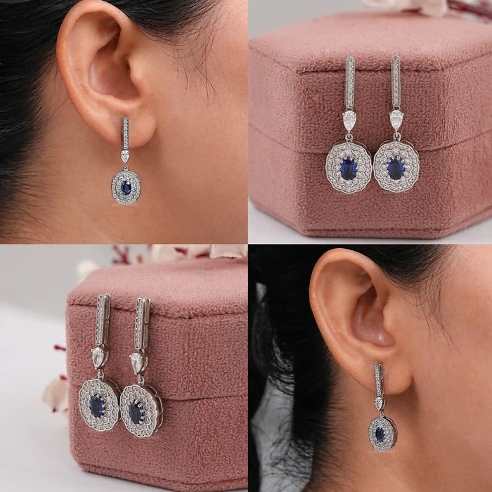 Sapphire Oval Gemstone And Double Halo Drop Earrings