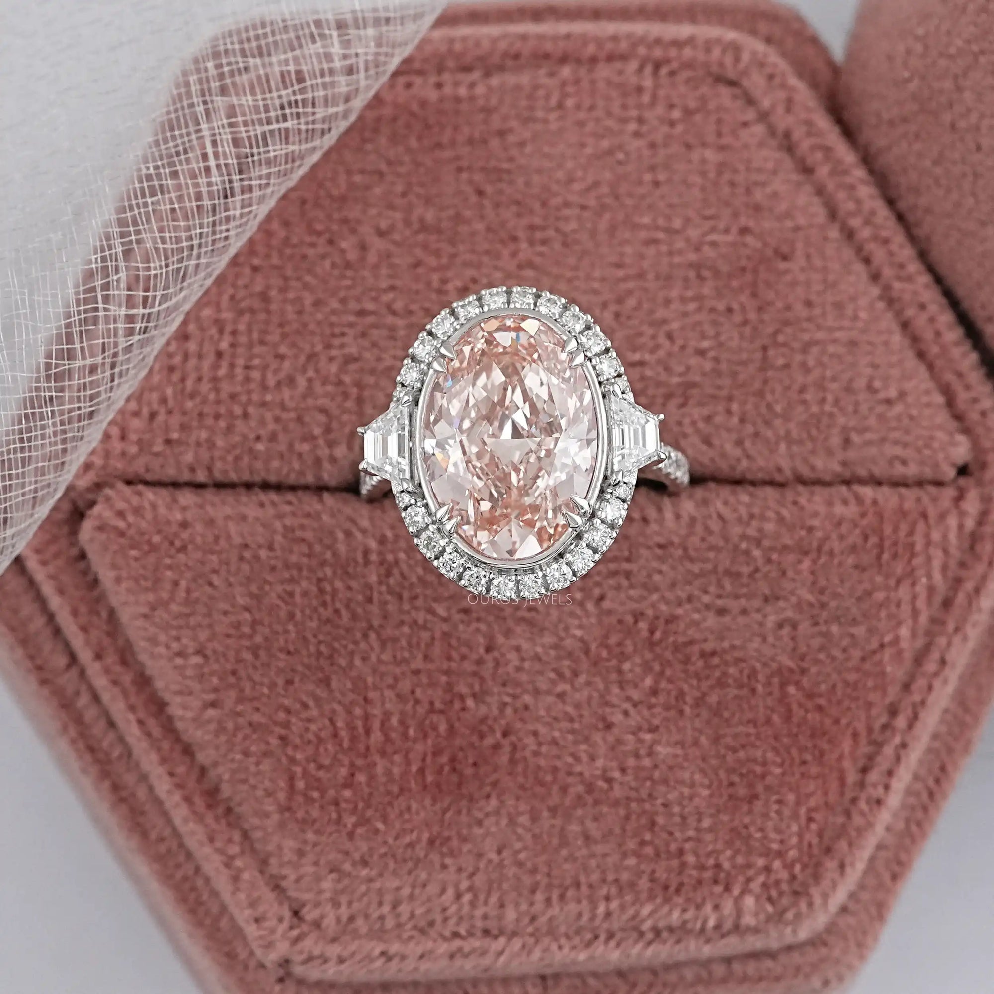 Pink Oval Cut With Trapezoid Accent Halo Engagement Ring Rings