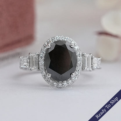 Black Oval Diamond Accent With Halo Engagement Ring Rings