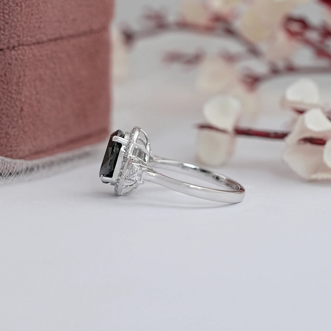 Black Oval Diamond Accent With Halo Engagement Ring Rings