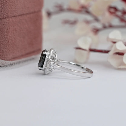 Black Oval Diamond Accent With Halo Engagement Ring Rings