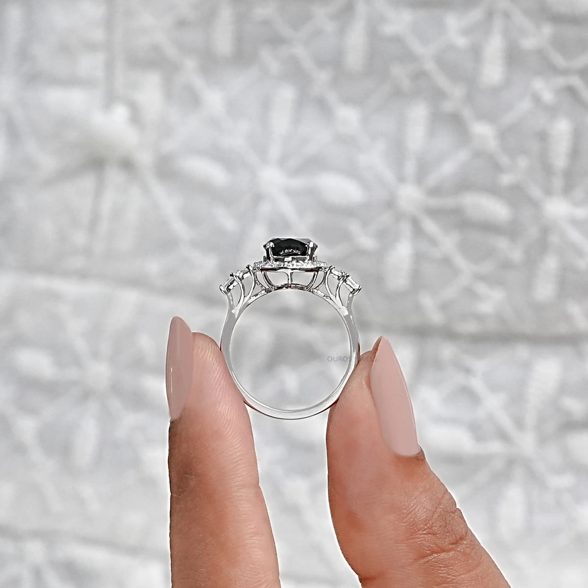 Black Oval Diamond Accent With Halo Engagement Ring Rings