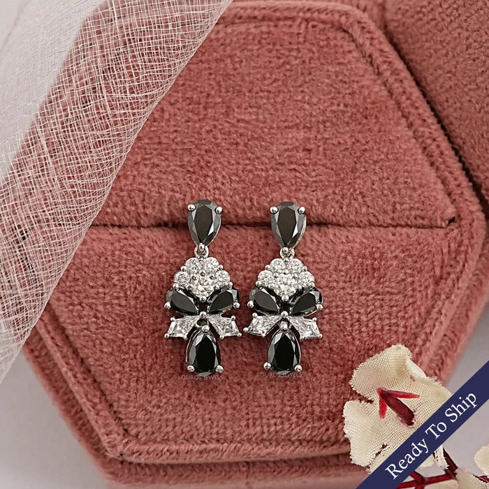 Black Pear Diamond Cluster Drop Earrings