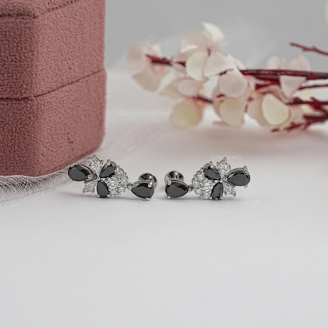 Black Pear Diamond Cluster Drop Earrings Earrings