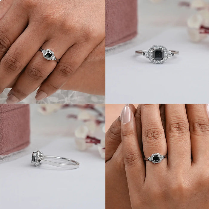 Black Asscher Diamond Halo Engagement Ring