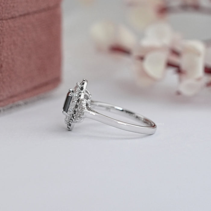 Black Princess Cut Half Moon Halo Engagement Ring
