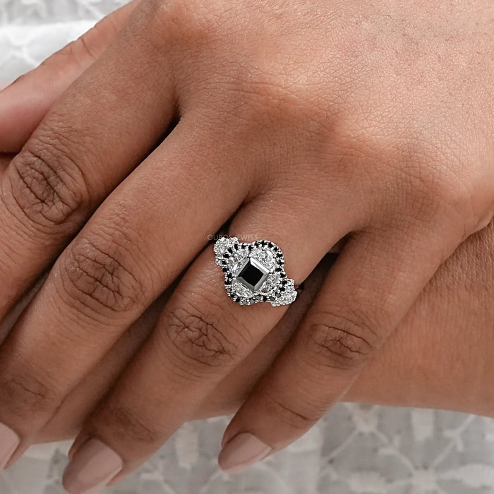 Black Princess Cut Half Moon Halo Engagement Ring