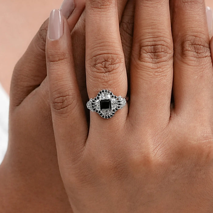 Black Princess Cut Half Moon Halo Engagement Ring