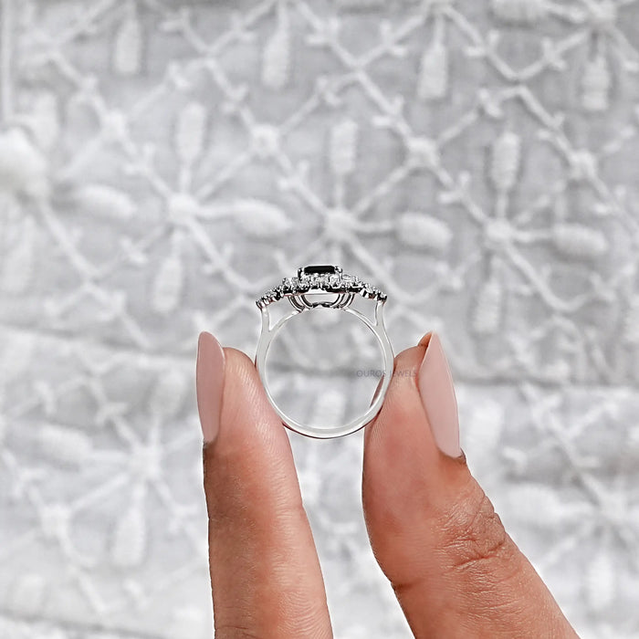 Black Princess Cut Half Moon Halo Engagement Ring