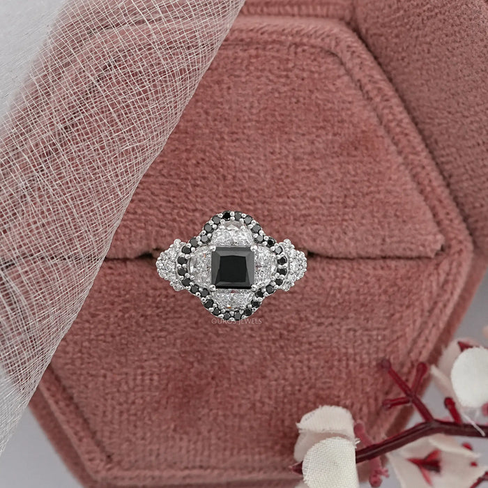 Black Princess Cut Half Moon Halo Engagement Ring