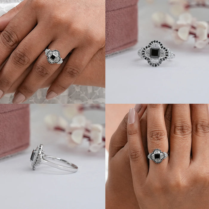 Black Princess Cut Half Moon Halo Engagement Ring