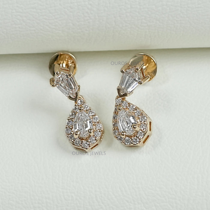 Step Cut Pear Halo Diamond Dangle Earrings