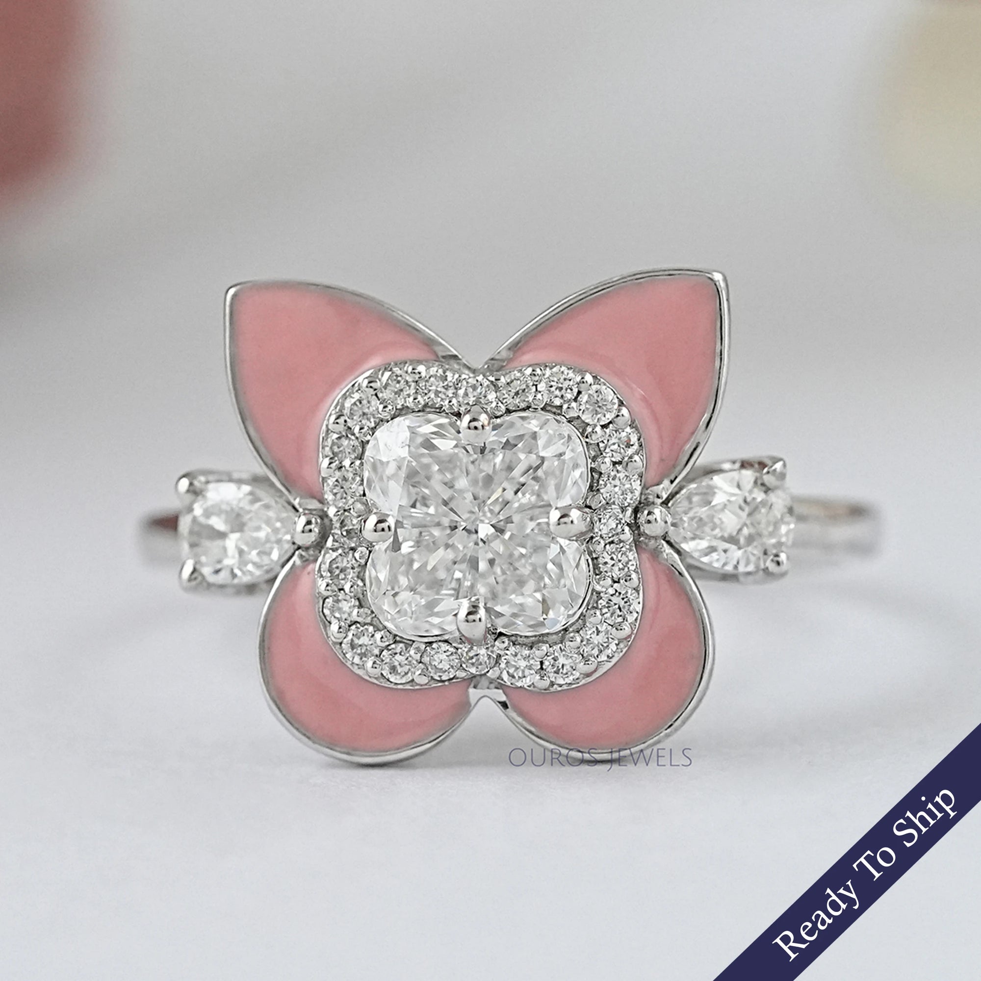 Antique Floral Cut Pink Enamel Engagement Ring Rings