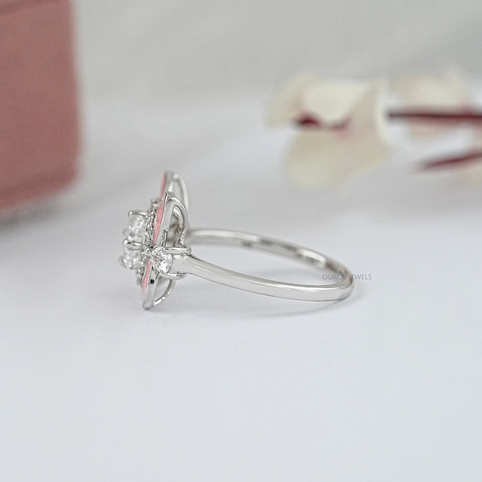 Antique Floral Cut Pink Enamel Engagement Ring