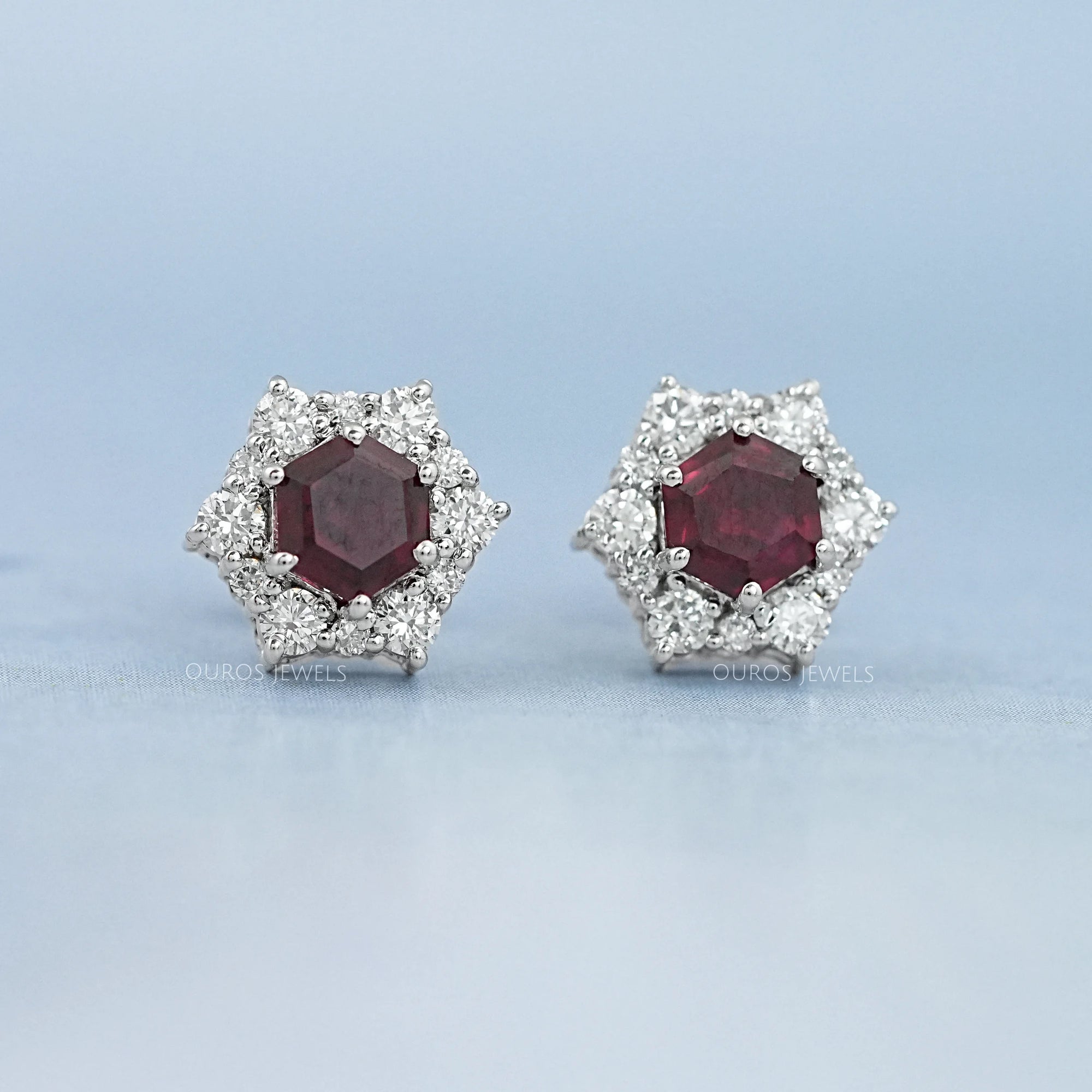 Floral Hexagon Cut Red Ruby Gemstone Cluster Stud Earrings Earring