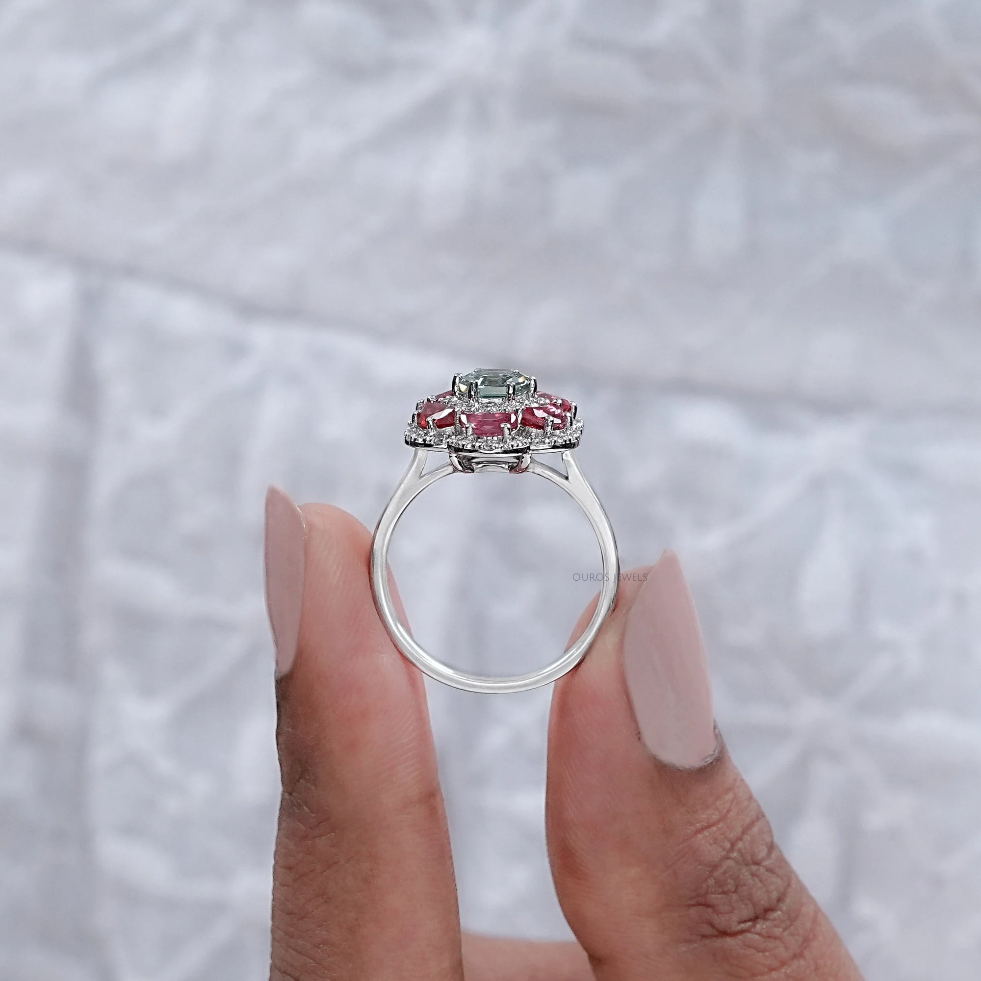 Alexandrite Hexagon Gemstone Double Halo Engagement Ring Rings