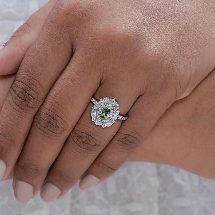 Green Pear Diamond Double Halo Engagement Ring