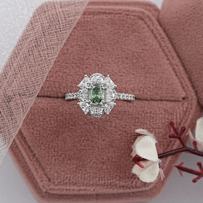 Green Oval Cut Half Moon Halo Engagement Ring