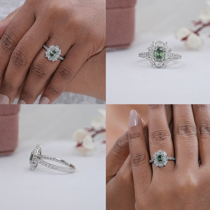 Green Oval Cut Half Moon Halo Engagement Ring