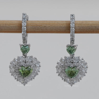 Green Heart Diamond Halo Set Dangle Earring
