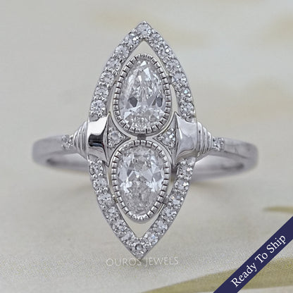 Old Mine Pear Lab Diamond Halo Navette Engagement Ring Ring