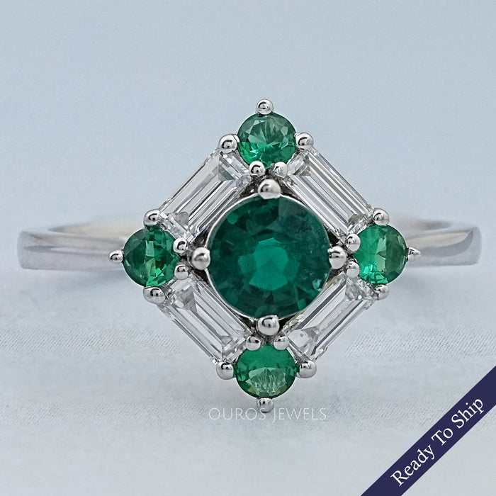 Green Round And Baguette Diamond Halo Engagement Ring