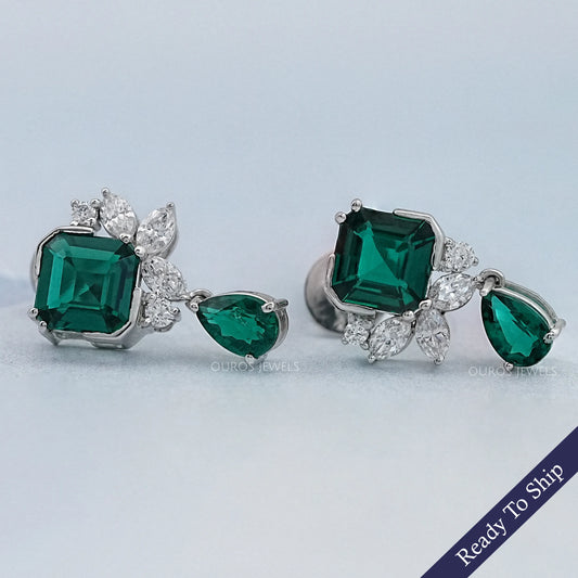 Green Asscher Gemstone And Marquise Diamond Drop Earrings