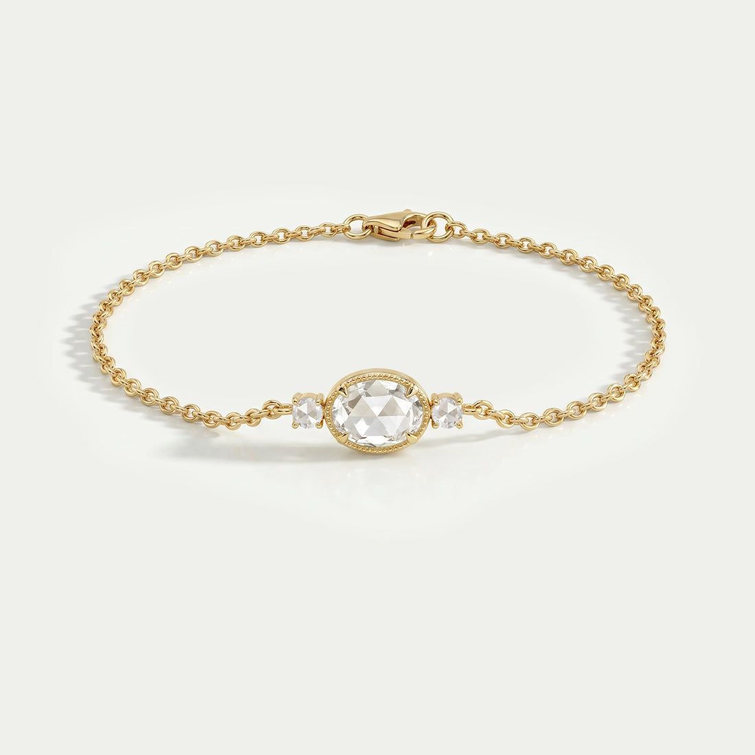 Three Stone Rose Cut Oval Bezel Chain Bracelet Bracelet