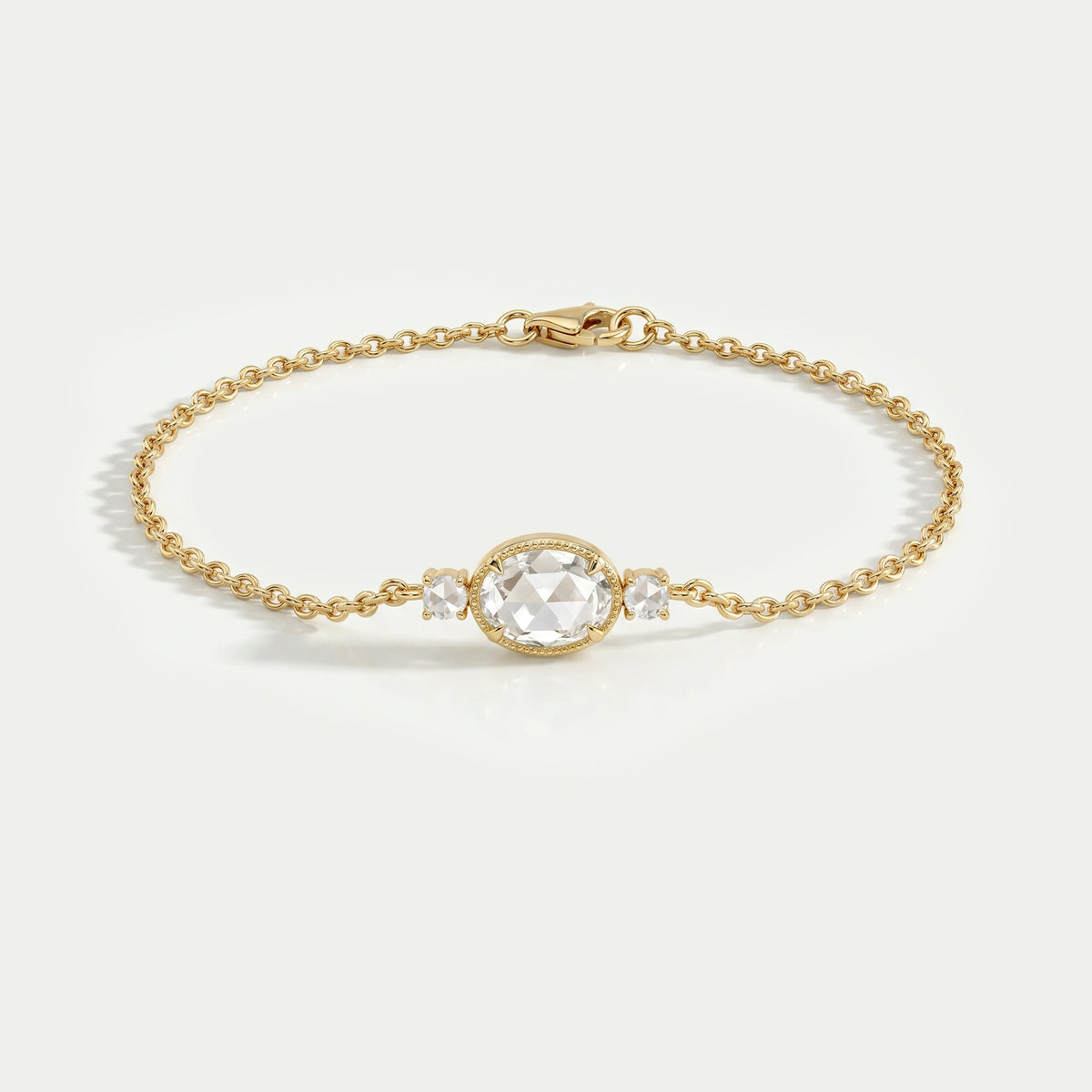 Three Stone Rose Cut Oval Bezel Chain Bracelet Bracelet